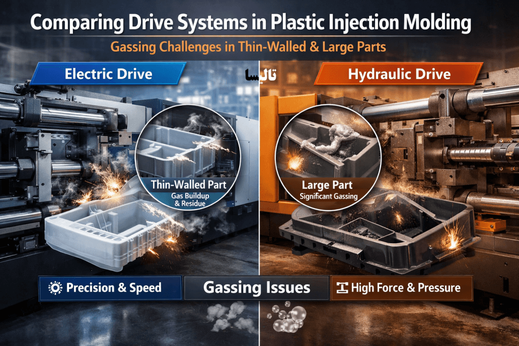 مقایسه سیستم‌های محرکه در تزریق پلاستیک: چالش‌های گازگیری در قطعات دیواره نازک و قطعات بزرگ